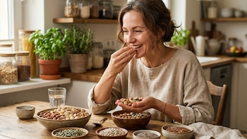 Mulher sênior sorridente comendo amendoim na cozinha. À sua frente está uma tigela de nozes, amêndoas, pistache e nozes diversas.
