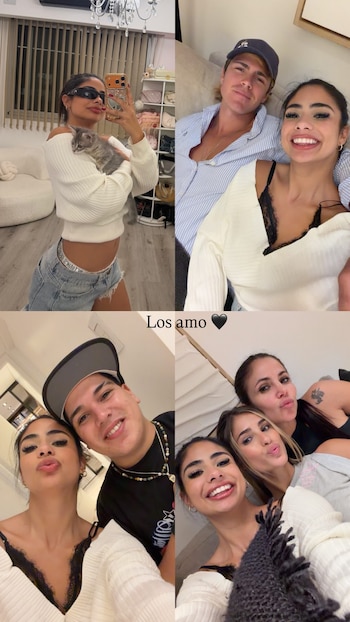 Collage de cuatro fotos: Daniela Celis sola, junto con Marcos Ginocchio, Thiago Medina, Julieta Poggio y Romina Uhrig