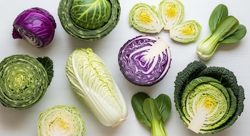 Vista aérea de varios repollos de diferentes tipos y colores, como morado, verde oscuro y verde claro, la mayoría cortados por la mitad, sobre una superficie blanca.