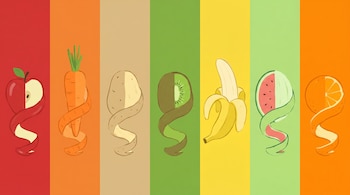 Ilustración digital de siete franjas verticales con una fruta o verdura pelada a la mitad en cada una: manzana roja, zanahoria, papa, kiwi, plátano, sandía y naranja.