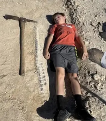 Un niño con camiseta naranja y pantalones cortos oscuros yace en el suelo junto a una piqueta y un largo fósil expuesto en la tierra