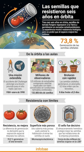 Infografía con ilustraciones de un frasco con tomates, brotes, estudiantes en un aula y gráficos informativos sobre un experimento de germinación.