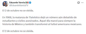 Captura de pantalla de una publicación en redes sociales del usuario Eduardo Varela sobre la matanza de Tlatelolco en México