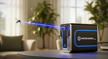 Dispositivo Photon Matrix negro con detalles metálicos y luz azul, emitiendo un láser hacia un mosquito en un salón luminoso con plantas.