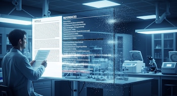 Un hombre en bata de laboratorio examina un documento frente a una pantalla con un artículo y referencias que muestran un efecto glitch en un laboratorio.