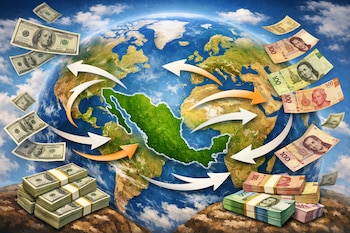 Ilustración de un globo terráqueo con México resaltado. Flechas blancas y naranjas rodean México, y billetes de dólar y peso mexicano flotan y están apilados.