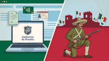 Ilustración dividida. Izquierda: laptop con logo del Gobierno de Puebla, iconos de trámites digitales. Derecha: soldado mexicano del siglo XIX con fusil y Fuerte de Loreto.