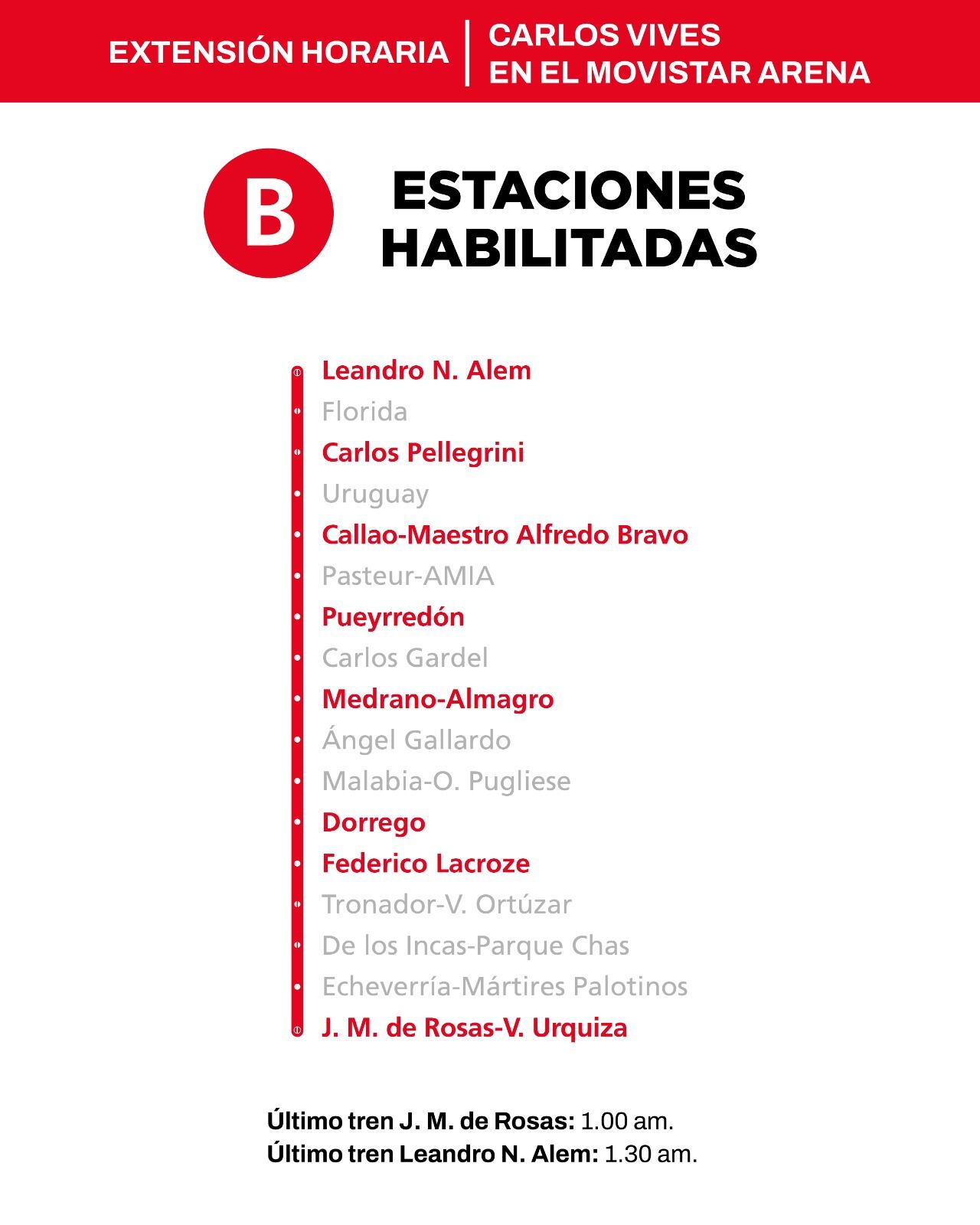 La línea B funcionará hasta la 1:30 AM por el show de Carlos Vives en el Movistar Arena