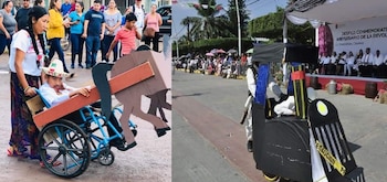 Usuarios de redes sociales agradecieron la creatividad para incluir a niños en sillas de ruedas en desfiles de la Revolución Mexicana (Fotos: Facebook)
