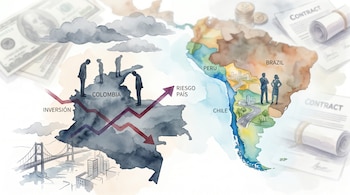 Mapa acuarela de Sudamérica destacando el contraste económico: Colombia con tonos oscuros e incertidumbre, mientras Chile y Perú muestran estabilidad y desarrollo.