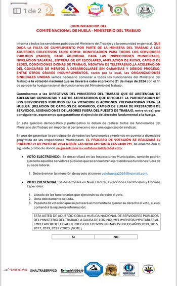 Las votaciones para la huelga en el Ministerio del Trabajo se hicieron de manera electrónica y presencial - crédito Sindicatos del Ministerio del Trabajo