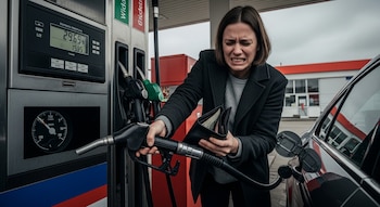 Mujer con expresión de angustia sosteniendo una manguera de gasolina y una billetera abierta frente a un surtidor digital en una estación.
