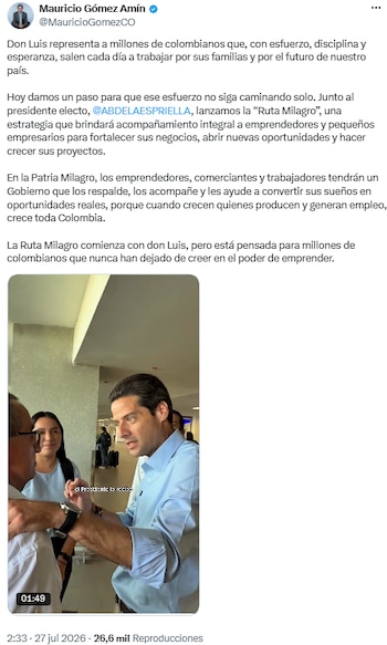 Mauricio Gómez Amín publicó video de don Luis, el microempresario que inspiró la Ruta Milagro - crédito @MauricioGomezCO/X