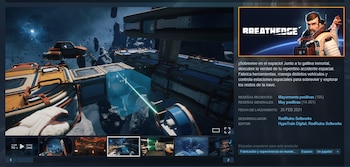 Interfaz de tienda digital muestra el videojuego Breathedge, incluyendo una captura de pantalla del espacio con una estación, un vehículo y el brazo del jugador