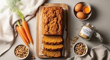 Un pan de zanahoria sin gluten cortado en rebanadas sobre una tabla de madera, con zanahorias frescas, huevos, nueces y premezcla sin gluten.