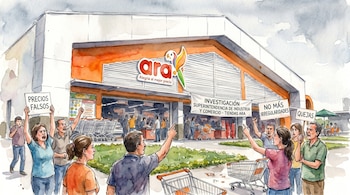 Acuarela de personas protestando fuera de un supermercado Tiendas ARA con carteles de quejas y un letrero sobre una investigación de la Superintendencia.
