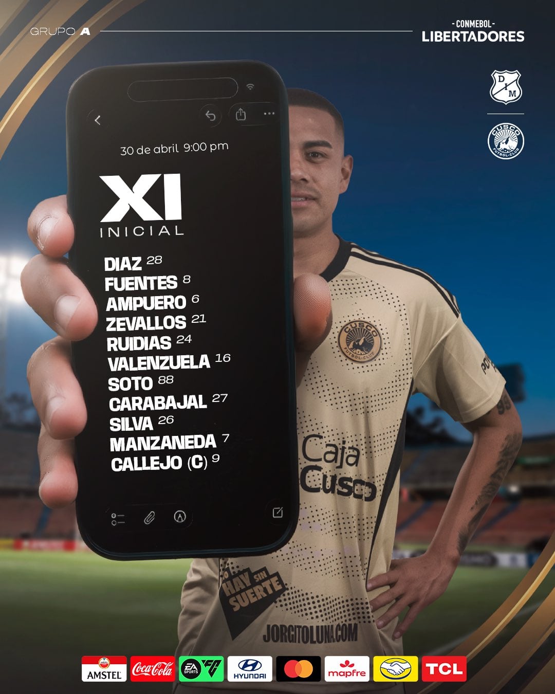 Esta es la alineación de Cusco para medirse al Medellín en el estadio Atanasio Girardot - crédito Cusco FC
