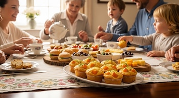 Mesa de madera con un mantel floral, mostrando muffins salados de calabaza y queso, aceitunas, sándwiches y quesos, con una familia compartiendo una merienda.