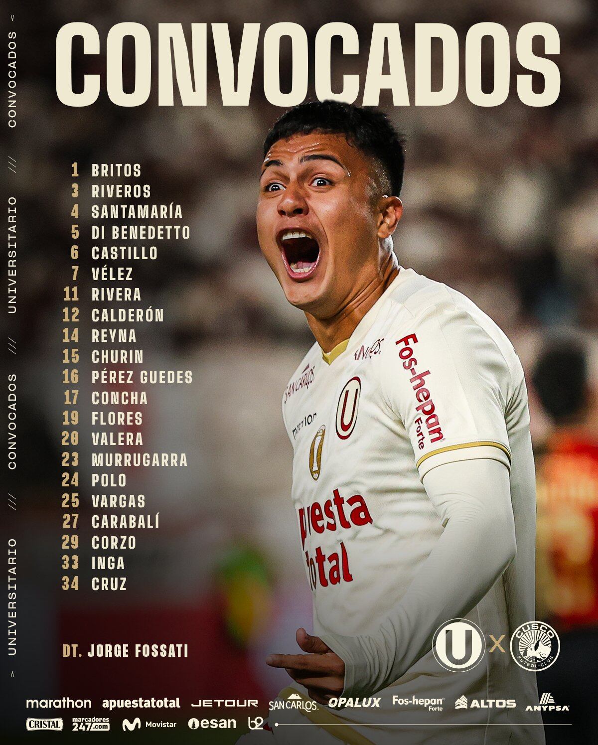 Convocados de Universitario para enfrentar a Cusco FC por el Torneo Clausura 2025