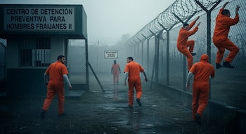 Hombres con uniformes naranjas escapan de la prisión Fraijanes II en un día nublado. Dos trepan una valla con alambre de púas, mientras otros se alejan del edificio.