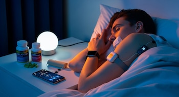 Joven adulto duerme de lado en la cama, con dispositivos de monitoreo en el cuerpo, reloj inteligente y cinta en la boca. Un smartphone y suplementos están en la mesa de noche junto a una lámpara.