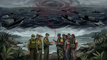 Ilustración pictórica de costa selvática con policías colombianos y grupos armados dialogando. Una línea roja conecta con narco-submarinos y lanchas en un mar agitado.