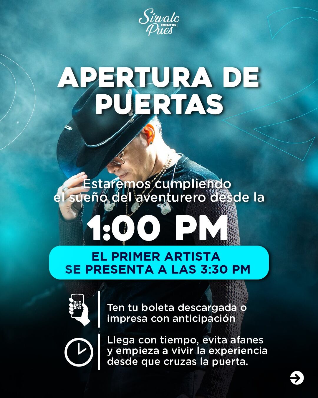 La apertura de puertas está fijada para la 1:00 p. m.; la organización recomienda llegar temprano a fin de evitar congestiones y garantizar la comodidad de los asistentes - crédito @eventossirvalopues/ Instagram