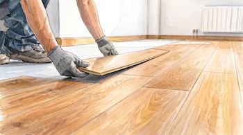 Manos con guantes de protección ajustan una tabla de madera sobre el suelo de una habitación junto a un radiador.
