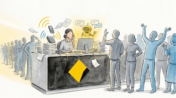 Ilustración acuarela digital de un mostrador de banco con logo Commonwealth Bank, empleado con auriculares, robot amarillo en pantalla, clientes impacientes y pilas de papeles y teléfonos.