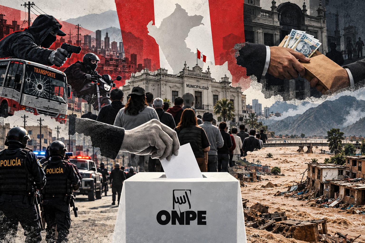 Un fotomontaje ilustra el contexto de inseguridad, corrupción y desastres naturales que marca el proceso hacia las elecciones municipales y regionales de 2026 en Perú. (Imagen Ilustrativa Infobae)