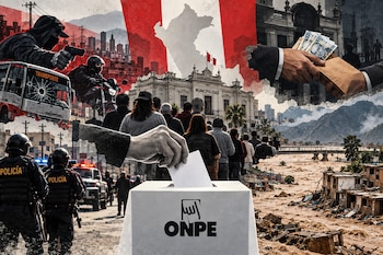 Fotomontaje con una urna electoral de la ONPE, votantes, policías, hombres armados, sobre con billetes y viviendas tras una inundación