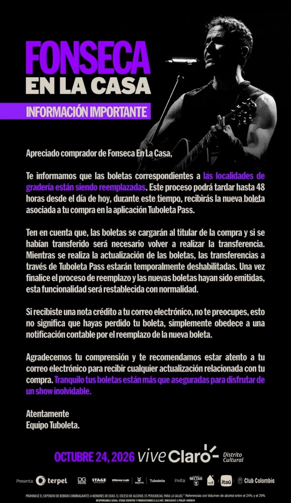 TuBoleta informó que reemplazará las entradas de gradería para el concierto de Fonseca tras el cambio de sede al Vive Claro - crédito @tuboleta/ Instagram