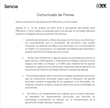 Comunicado de prensa de Sencia sobre el estadio Nemesio Camacho El Campín - crédito Sencia