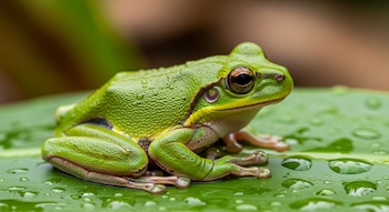 Fotografía macro de una rana verde sentada sobre una hoja con gotas de agua; la piel de la rana presenta textura visible.