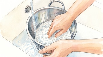 Ilustración en acuarela de dos manos que lavan arroz blanco en un colador de metal dentro de un fregadero con agua corriendo.