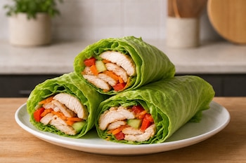 Tres rollos de lechuga rellenos con pollo, zanahoria, pimiento y pepino sobre un plato en una mesa de madera.