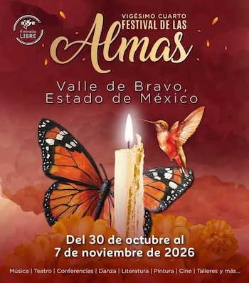 Cartel con una vela encendida, una mariposa monarca, un colibrí y flores de cempasúchil sobre fondo rojizo con texto informativo
