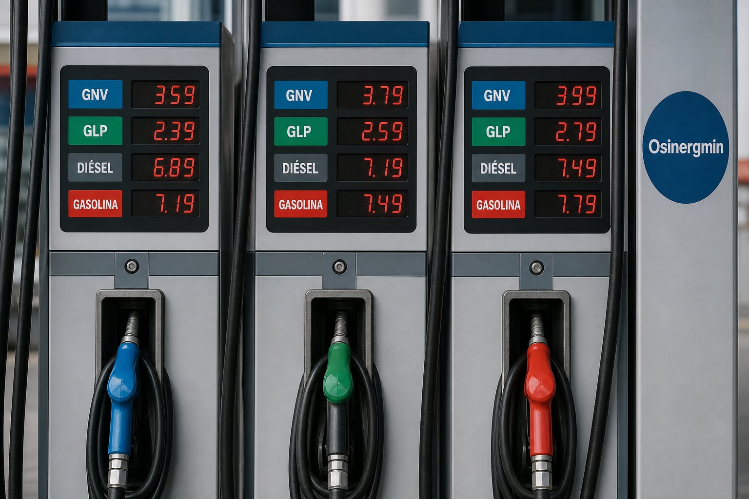 Tres surtidores de una estación de servicio exhiben diferentes precios de carburantes con la etiqueta de supervisión de Osinergmin en Perú. (Imagen Ilustrativa Infobae)