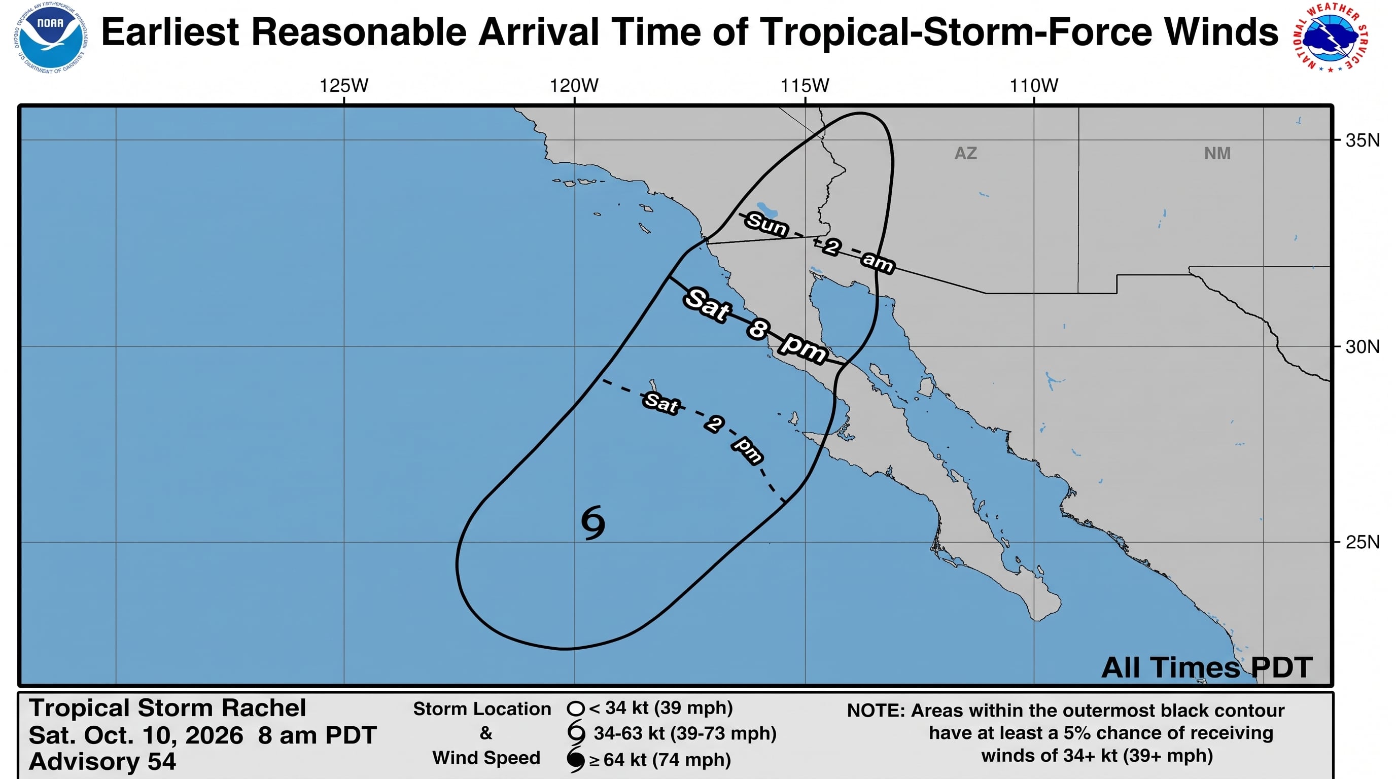 Los vientos con intensidad de tormenta tropical se extienden hasta 240 kilómetros desde el centro de Rachel. (NHC)