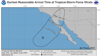 Mapa meteorológico de la costa del Pacífico y Baja California con un área ovalada delimitada e indicaciones de horarios.