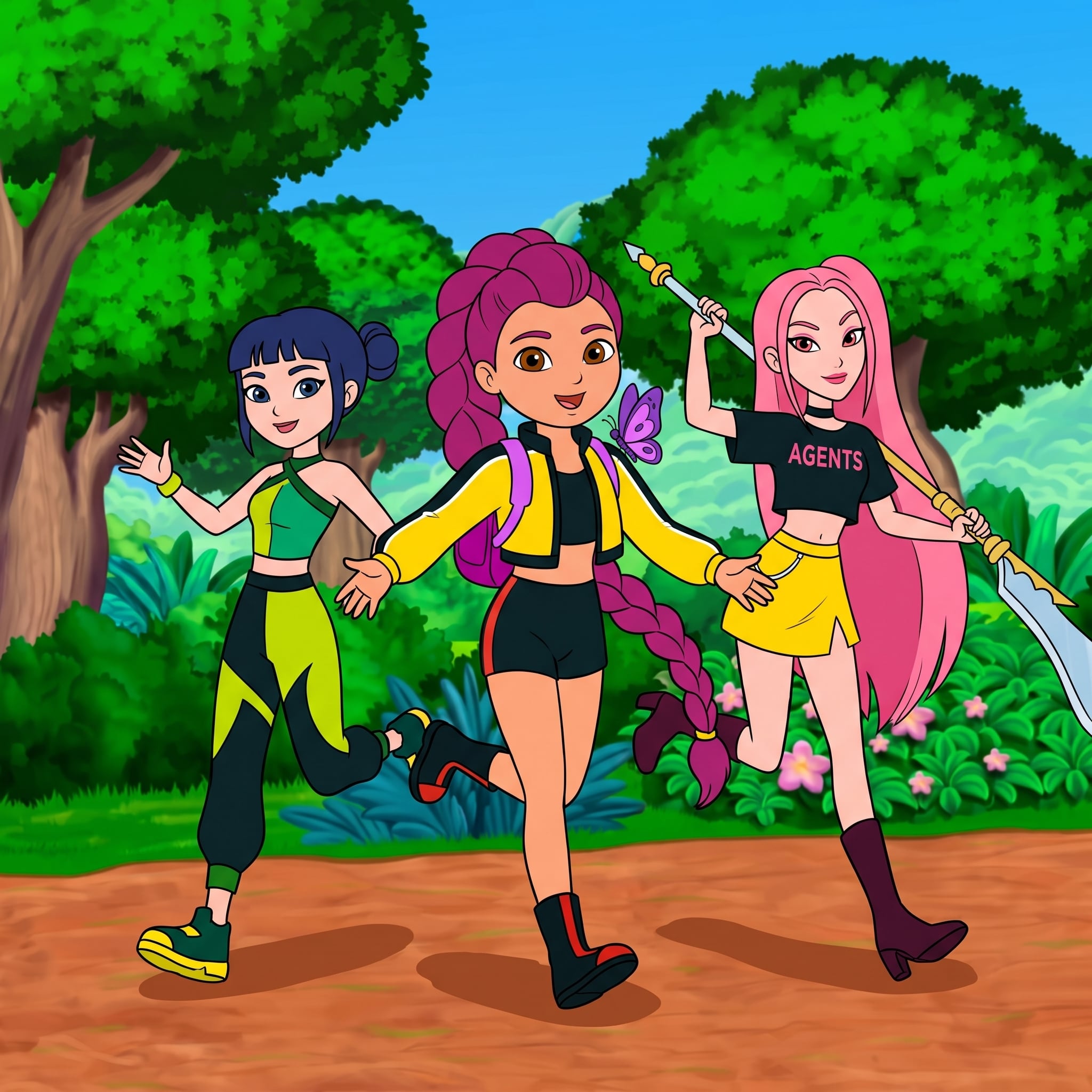 Tres heroínas animadas avanzan por un bosque en una interpretación que combina a Dora la exploradora con la cultura K-pop. (Foto: Gemini)