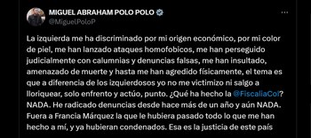 Polo Polo cuestionó la falta de respuesta de la Fiscalía y del Gobierno frente a las amenazas y denuncias que asegura haber presentado - crédito @MiguelPoloP/X