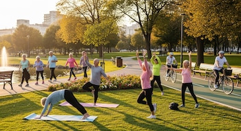 Grupo de doce personas mayores en un parque. Algunas caminan junto a un estanque, otras hacen yoga sobre colchonetas y dos andan en bicicleta.