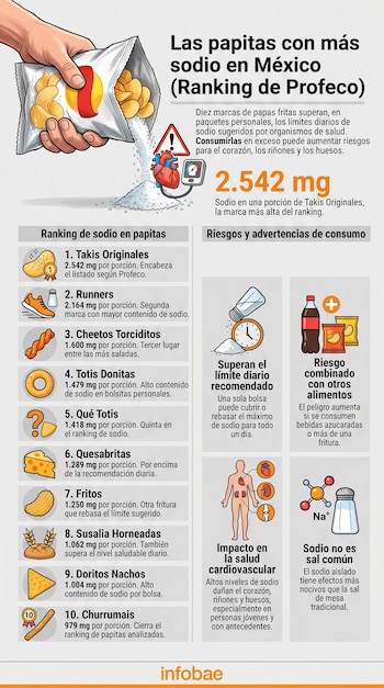 Infografía que muestra una mano sosteniendo una bolsa de papitas, de la cual se vierte sodio sobre un corazón, junto a un ranking de 10 marcas con más sodio y sus riesgos.