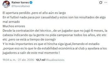 El tuit de Rainer Torres sobre su crítica a la directiva de Universitario por el mal presente del equipo.