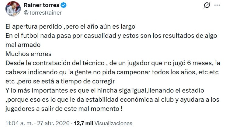 El tuit de Rainer Torres sobre su crítica a la directiva de Universitario por el mal presente del equipo.