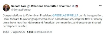 Jim Risch, presidente del Comité de Relaciones Exteriores del Senado, felicitó a Abelardo de la Espriella tras su posesión como presidente de Colombia @SenateForeign/X