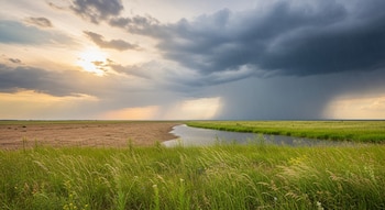 Un río divide un paisaje de campo abierto. A la izquierda, tierra seca bajo un cielo soleado. A la derecha, pastizales verdes bajo un cielo oscuro con lluvia.