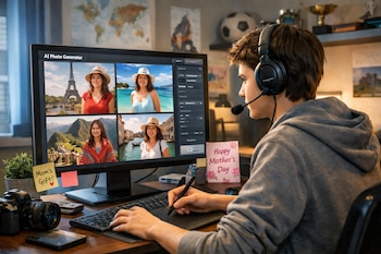 Un adolescente con auriculares sentado frente a una computadora, usando un lápiz digital para crear fotos de una mujer con IA en distintos fondos de viaje.
