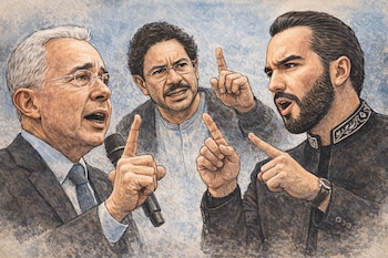 Dibujo de tres líderes: Álvaro Uribe a la izquierda con micrófono, Iván Cepeda al centro y Nayib Bukele a la derecha, todos con expresiones de discusión.